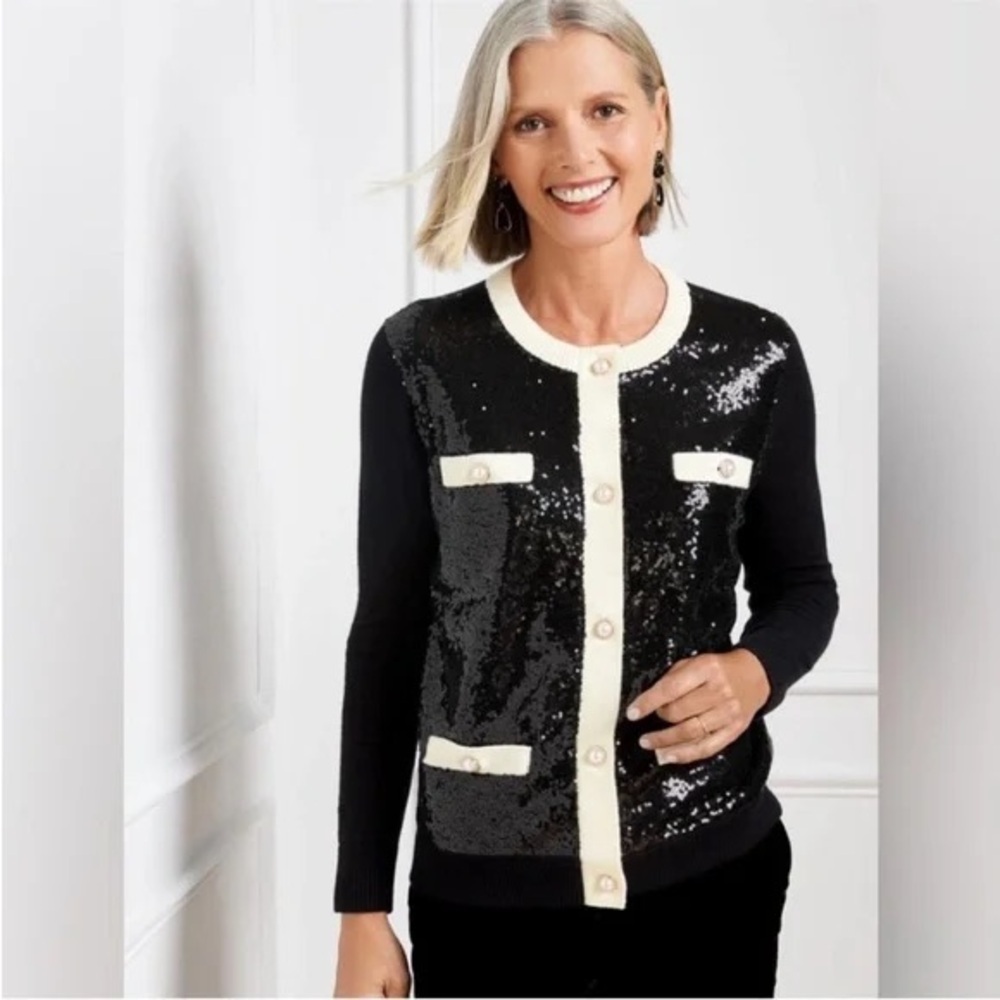 BCBGMAXAZRIA NWT Black Sequin Cardigan Jacket Cream Trim Gold Buttons M - Picture 2 of 11